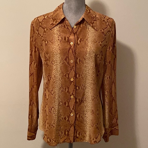 90’s Y2K Mob Wife Vintage Silk Snake Print Blouse Gold Brown Tan Size 38 Small - Picture 2 of 9
